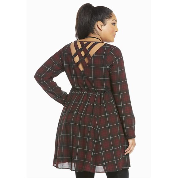 Torrid Mini Georgette Skater Dress Long Sleeve Fit & Flare Desert Plaid Red 1X - Picture 3 of 10